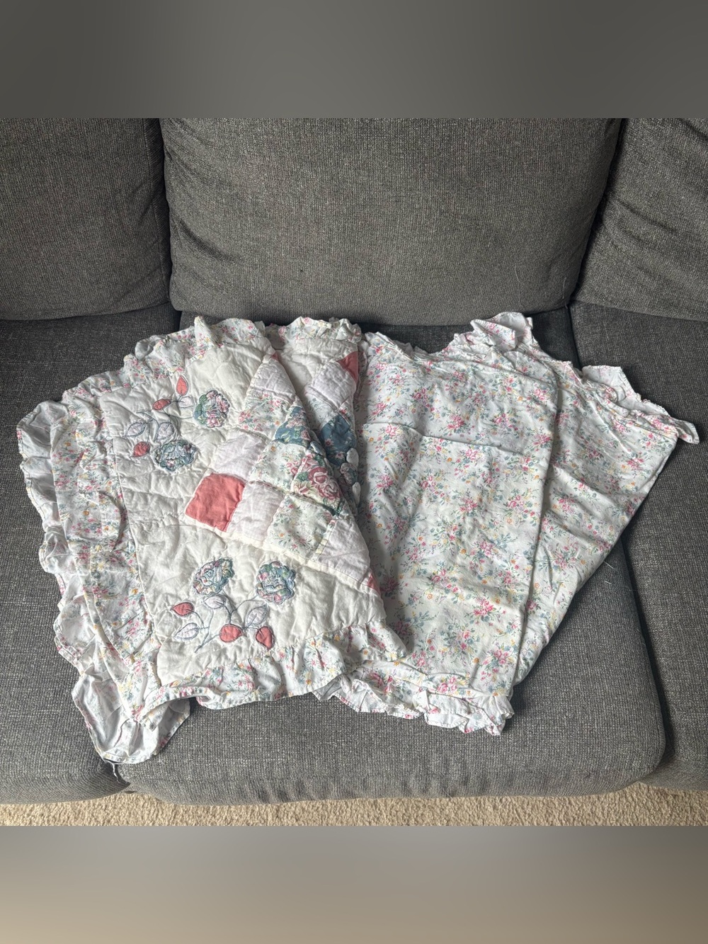Floral Quilted Ruffle 20x26 Pillow Sham Set of 4 Cotton Shabby Cottage Grandma